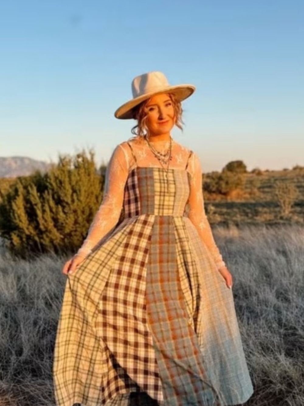 Shop Ivory Buck GiGio Teal Patchwork Plaid Square Neck Western Charm Midi Dress - Picture 7 of 15